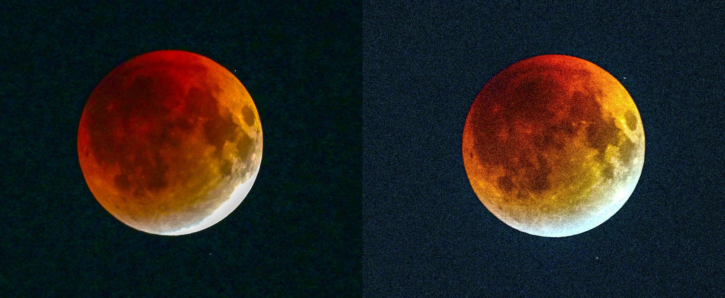 Two frames of a red moon during an eclipse