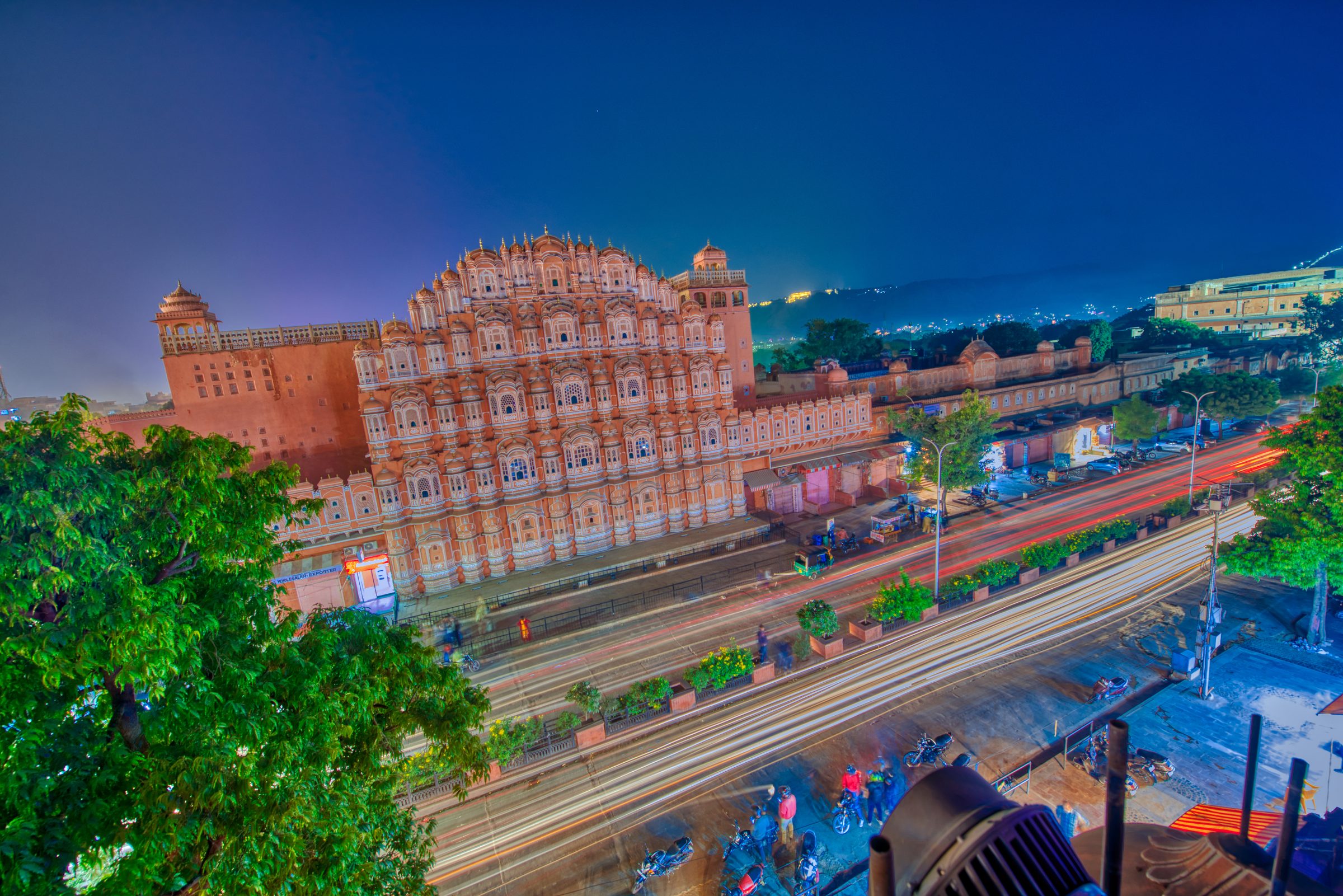 Hawa Mahal from above with light trails