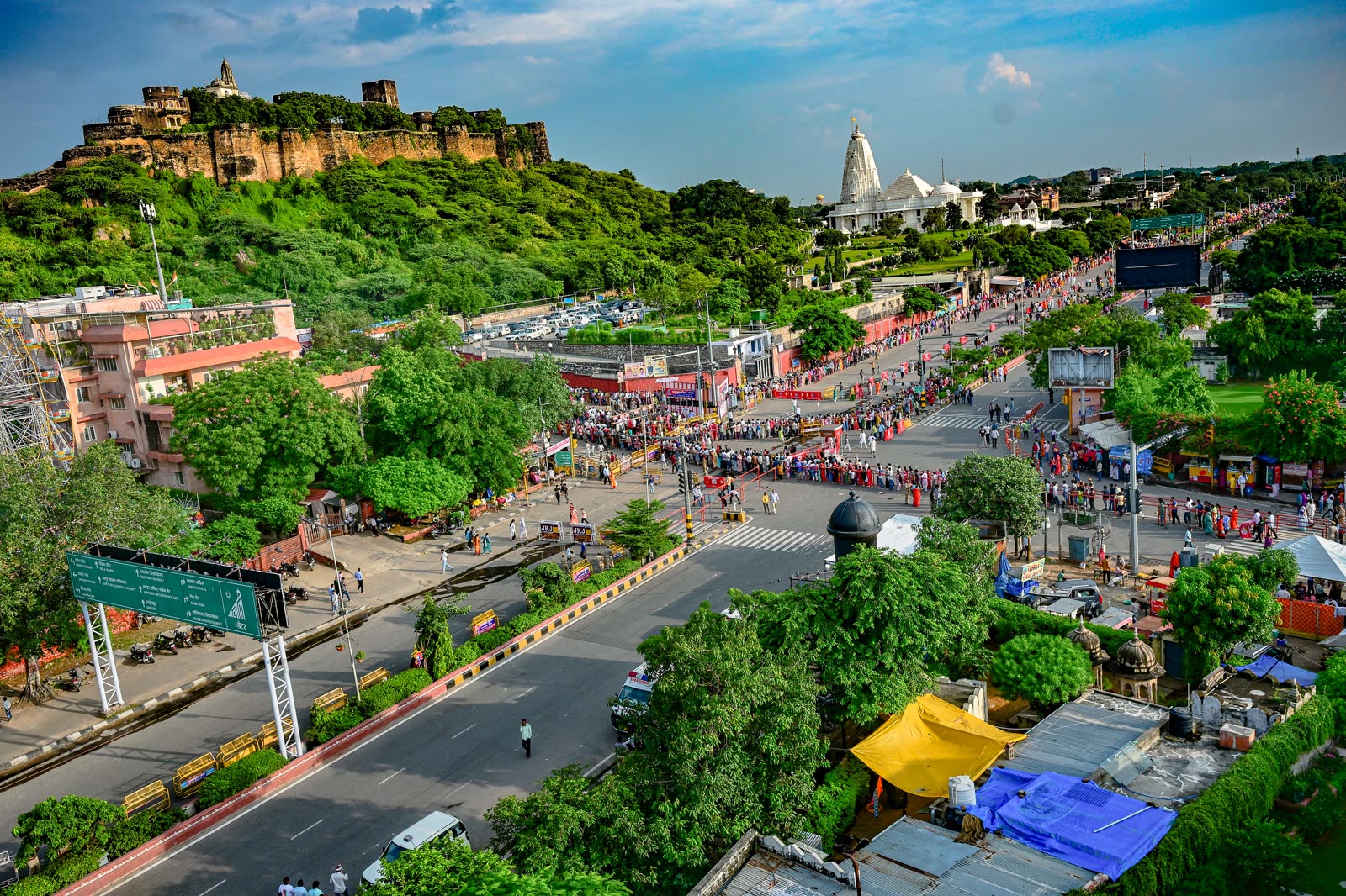 Aerial view of queues outside a temple